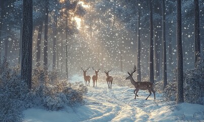 A serene forest glade where a group of deer gracefully traverse through the snow, with snowflakes gently falling from the sky around them