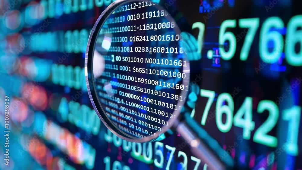 Poster magnifying glass inspects code on a computer screen, symbolizing cybersecurity and software developm