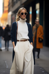 businesswoman woman model walking in the city during autumn fall fashion editorial lifestyle nyc fashion week 