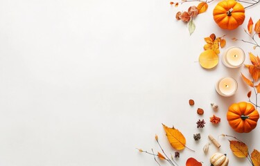 Fototapeta premium Autumn-Themed Flat Lay with Small Pumpkins, Leaves, and Candles on a White Background: A Minimalistic and Professional Design for Seasonal Decor.