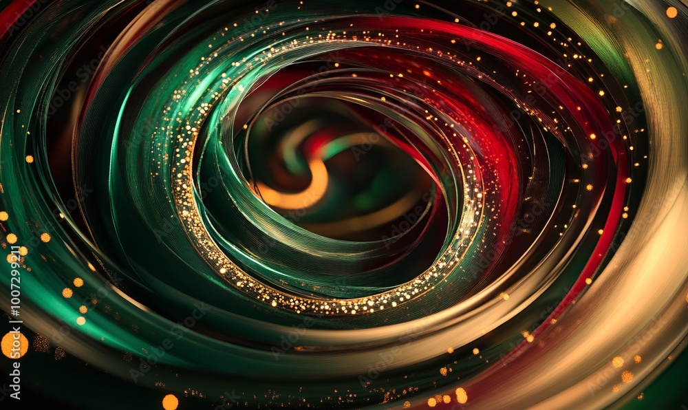 Poster abstract wreath design with swirling lines of emerald green and ruby red, highlighted by small gold 
