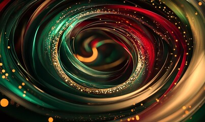 Abstract wreath design with swirling lines of emerald green and ruby red, highlighted by small gold dots representing holiday lights