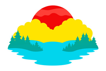 A Mysterious Lake Shrouded in Fog with a Vector Illustration of Golden Hour Reflections
