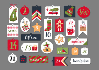 Abstract printable tags collection for Christmas, New Year. Advent calendar. Vector illustration. Merry Holidays	