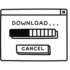 Cute doodle PC window with download process in Y2k aesthetic. Retro computer interface with button from 90s and 00s. Hand drawn popup element isolated on white. Nostalgia for vintage 1990s vibes.