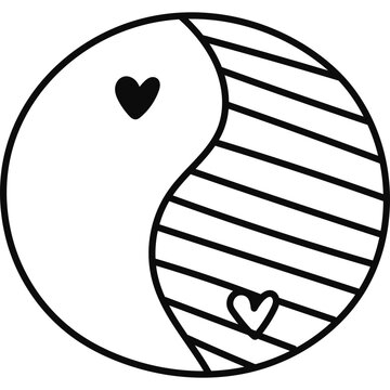 recommend clip art: Cute doodle Yin Yang sign with hearts from hippie 70s. Retro symbol of balance, harmony, yoga, relax. Trendy symbol of hippy and Y2k aesthetic. Hand drawn outline nostalgic clipart isolated on white.