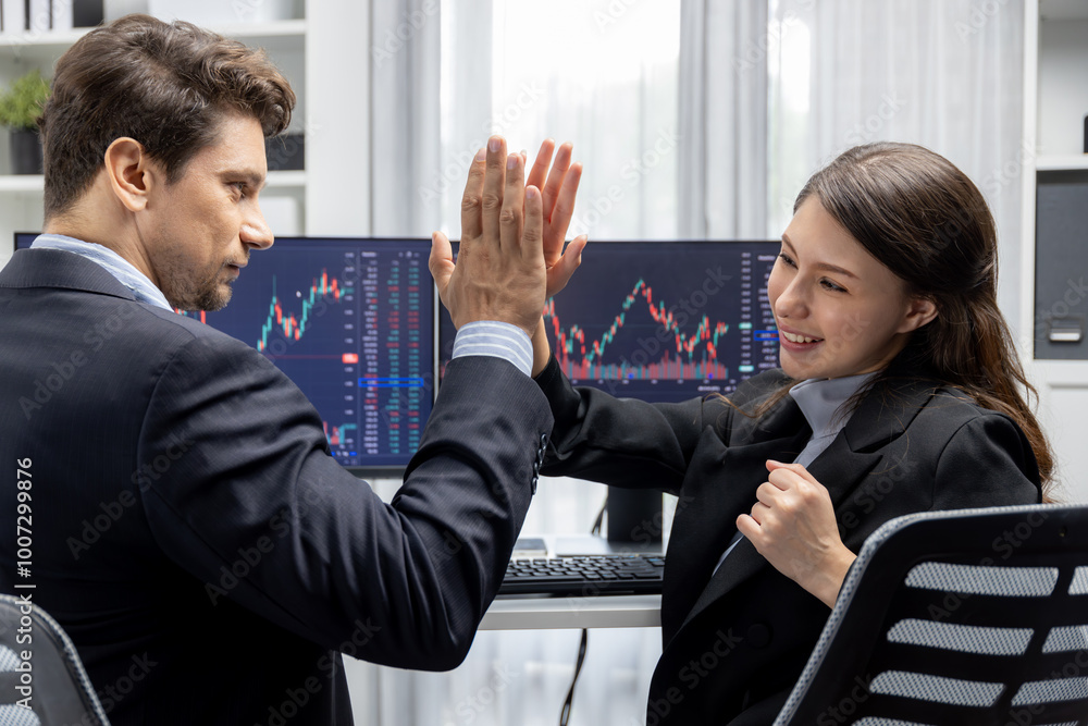 Poster successful in two business traders making hands high five with fist up to earn highest profit stock 