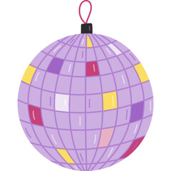 Cute cartoon disco ball with sparking mirror as symbol of 70s. Colorful mirror pop disco ball for party, dancing. Nostalgia for vintage, disco aesthetic, 1970s vibes. Hand drawn clipart isolated.