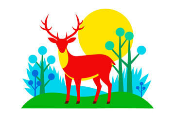 Majestic Deer Grazing in Lush Forest Clearing Vector Illustration
