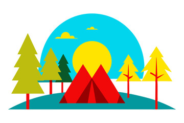Serene Campsite Enveloped by Majestic Trees Vector Illustration for Outdoor Adventures
