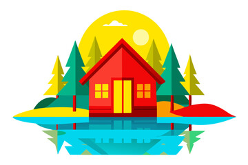 Cozy Cabin Retreat by the Golden Lake Vector Illustration
