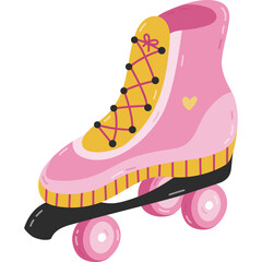Cute cartoon pink roller skates from fashion of 90s and 00s. Retro sport rollerblades as badge of Y2k. Nostalgia for vintage and 1990s aesthetic, vibes. Hand drawn clipart isolated on white.