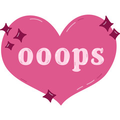 Cute cartoon heart with stars and lettering Oops in Y2k aesthetic. Retro love symbol from 90s and 00s. Hand drawn simple heart with typography isolated on white background. Nostalgia for 1990s vibes.