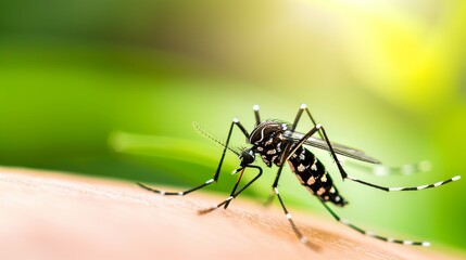 Close up view of a mosquito feeding on human skin, highlighting its intricate features
