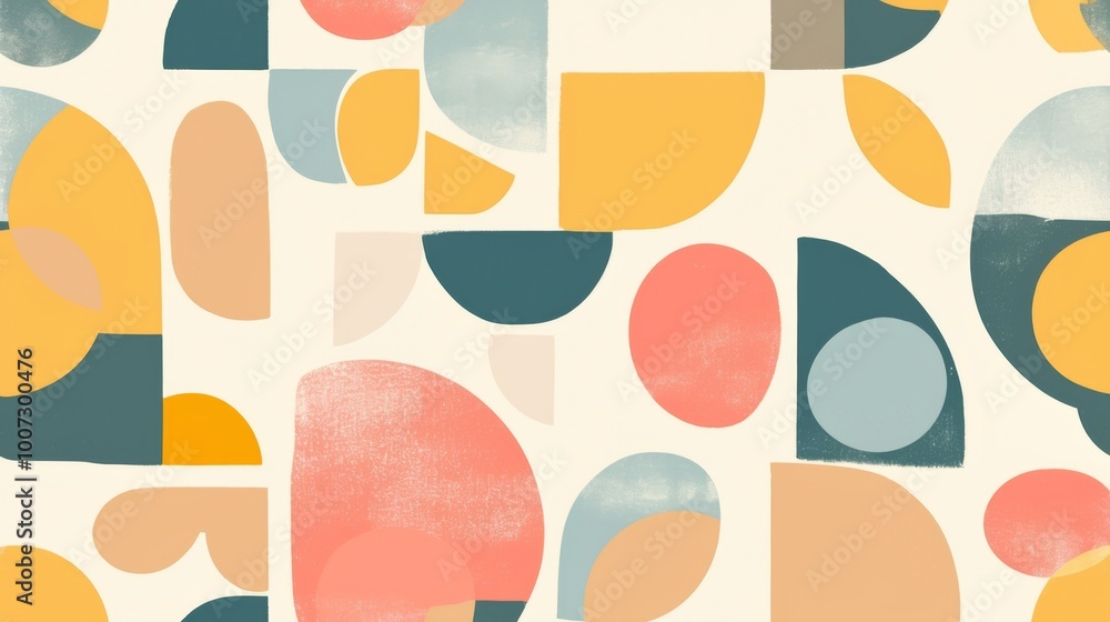 Poster an abstract retro pattern featuring circles, dots, and geometric shapes in pastel colors, designed i