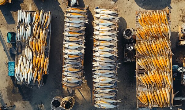 Aerial view of fish drying and sunning at a workshop