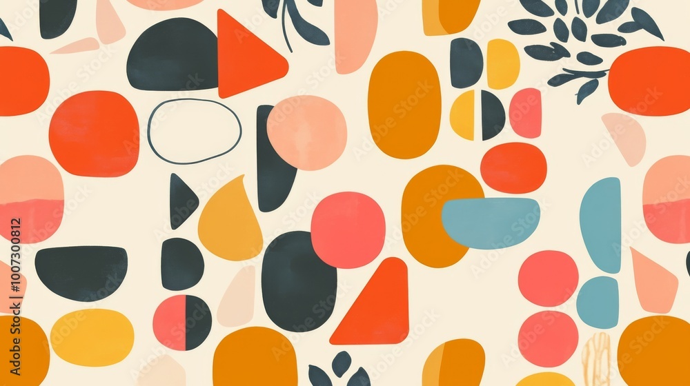 Poster an abstract retro pattern featuring circles, dots, and geometric shapes in pastel colors, designed i