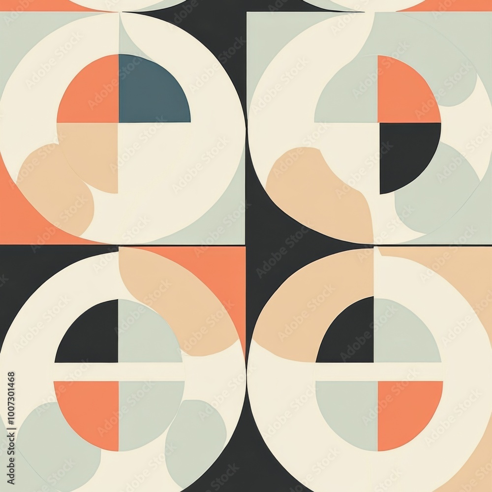 Poster an abstract retro pattern featuring circles, dots, and geometric shapes in pastel colors, designed i