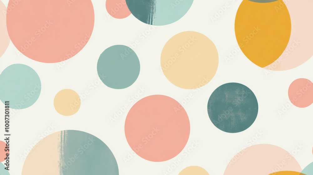 Poster an abstract retro pattern featuring circles, dots, and geometric shapes in pastel colors, designed i