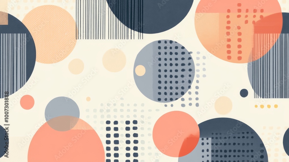 Poster an abstract retro pattern featuring circles, dots, and geometric shapes in pastel colors, designed i
