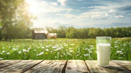 Naklejka premium glass of milk on wooden table cow farm with grass