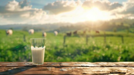 glass of milk on wooden table cow farm with grass
