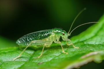 Close up of a green insect on a leaf in nature