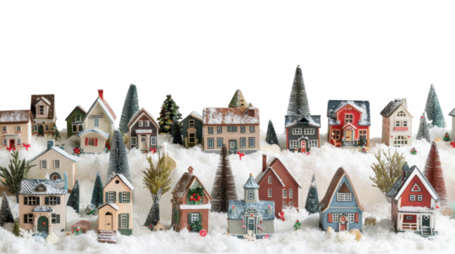 Christmas village display with tiny houses on white background