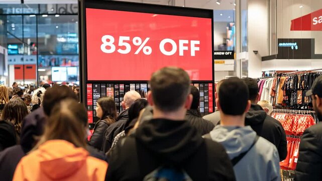 A crowd of people in a store stand in front of "85% off" screen. Black Friday, people in a mall.