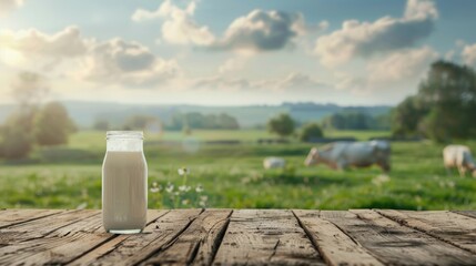 Naklejka premium glass of milk on wooden table cow farm with grass