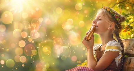 Young Caucasian girl in traditional dress eating a pretzel outdoors, surrounded by sunlit bokeh.