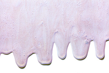 Purple cosmetic glittering liquid background. Shampoo or shimmering lotion, green aloe bamboo cucumber centella shower gel