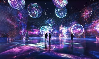 Silhouettes of people in a futuristic space with glowing spheres