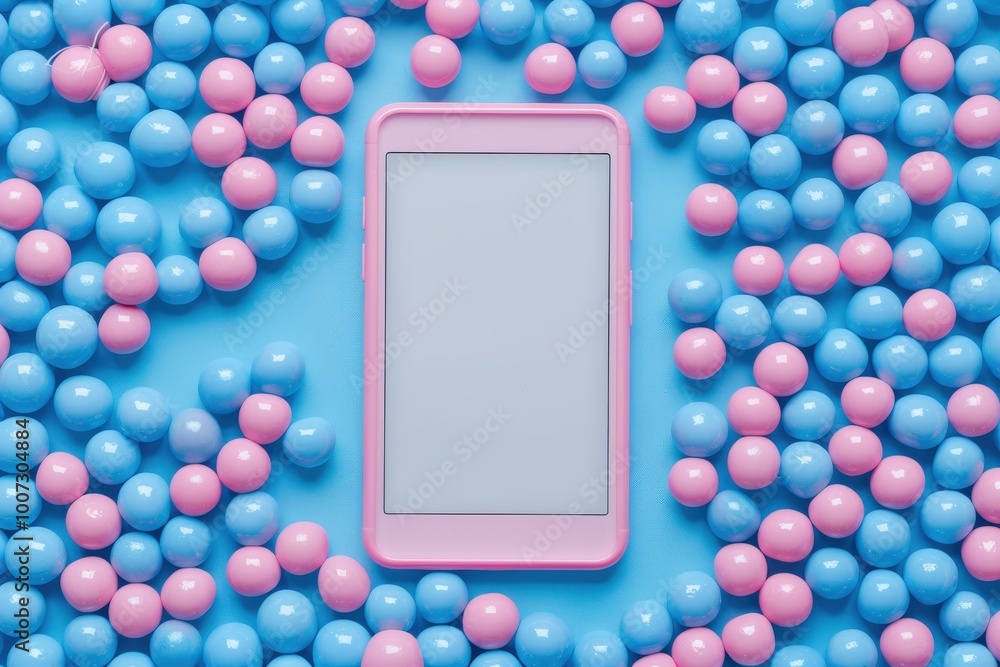 Fototapete blue balls background with pink frame and white screen for text, top view. the design is minimalisti