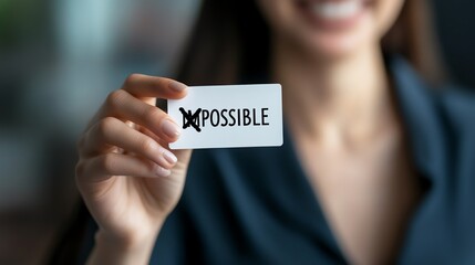 Close-up of a woman holding a card with the word 'Possible' highlighted, conveying motivation, positivity, and inspiration.