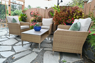 Outdoor mediterranean styled garden patio cafe space landscaped backyard seasonal oasis. 