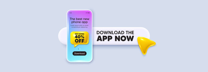 Get Extra 40 percent off Sale. Download the app now. Phone mockup screen. Discount offer price sign. Special offer symbol. Save 40 percentages. Phone download app search bar. Vector