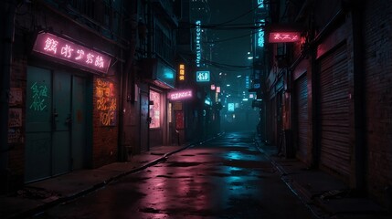 Dimly lit alleyway with neon illumination in a cyberpunk urban setting.	