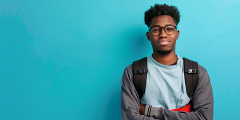 Young man with glasses and a backpack wearing a casual jacket, standing confidently against a bright blue background