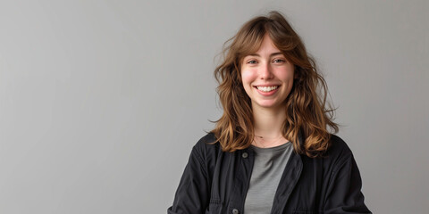 Smiling young woman with wavy hair wearing a black jacket and grey shirt, standing against a neutral background