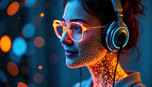 Devant son &eacute;cran, la personne se connecte &agrave; une interface futuriste, son corps semblant fusionner avec la technologie qui l'entoure.