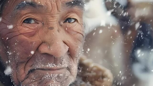 An elderly Yakut man sits in the snow, displaying a weathered face that tells stories of resilience.