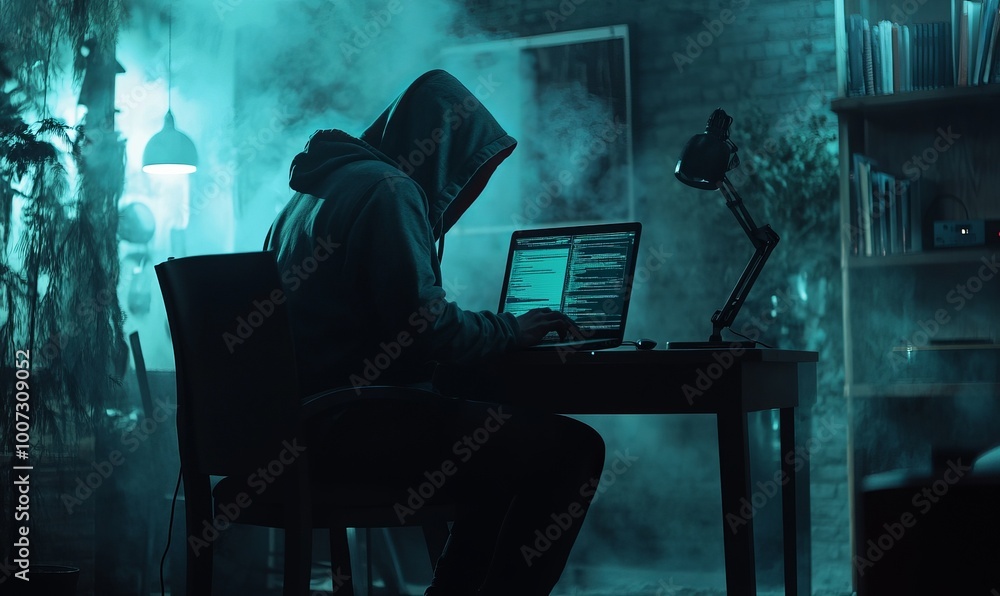 Poster a mysterious hacker sits in a dark room and types intensively on a laptop