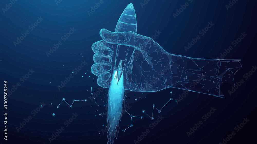Poster digital handshake and rocket launch representing business partnership and startup investment in tech