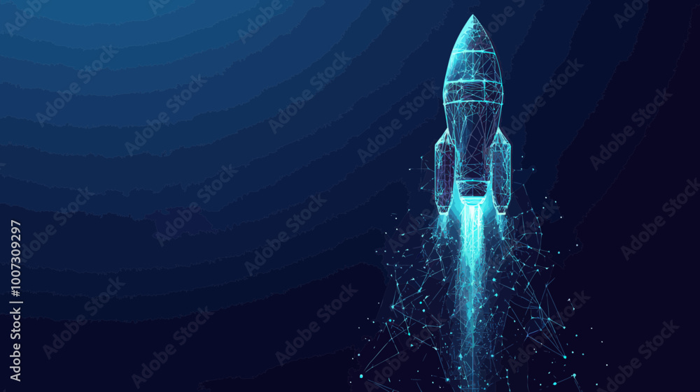 Poster digital rocket launch vector illustration - blue abstract spaceship taking off into outer space - lo