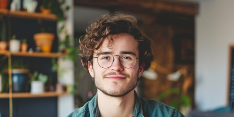 Fototapeta premium Young man with curly hair and round glasses smiling in a cozy indoor space with plants and shelves in the background