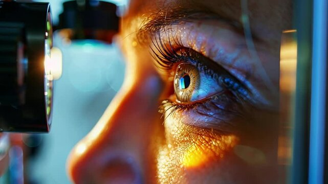 Patient getting an eye exam with a slit lamp, highlighting eye details for good vision