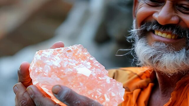An Indian salt factory worker, wearing an orange outfit, smiles while showcasing a large piece of pink Himalayan salt amidst the natural backdrop of the salt processing area.