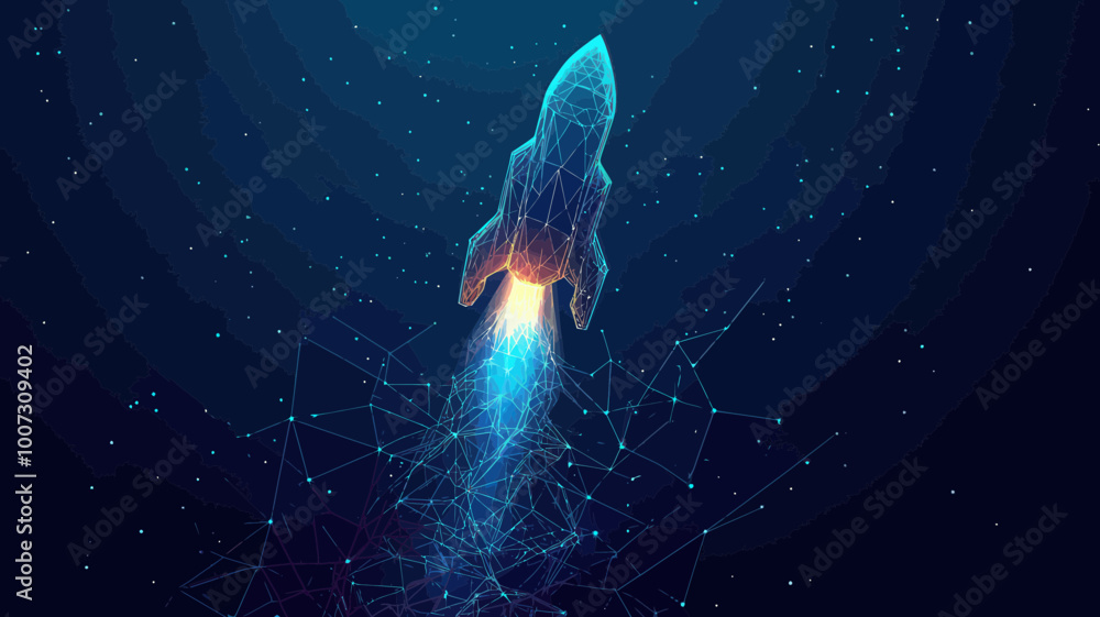 Poster abstract rocket launch business development concept low poly wireframe vector illustration on techno