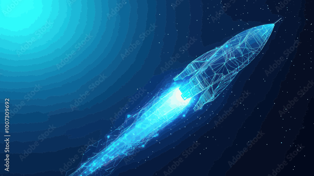 Poster digital low poly rocket orbiting earth with abstract technological background in outer space - minim